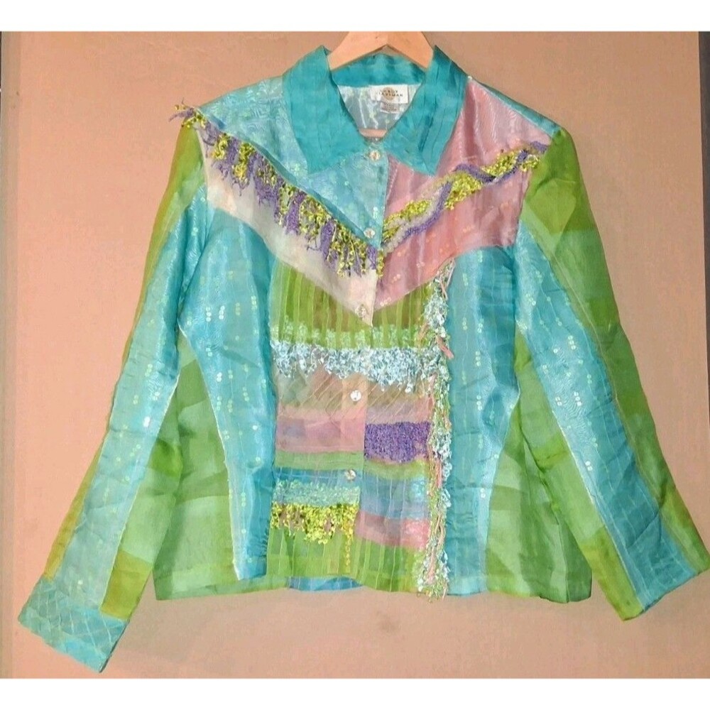 Sandy Starkman Silk Patchwork Jacket Womens XL Colorful Art To Wear Boho Chic